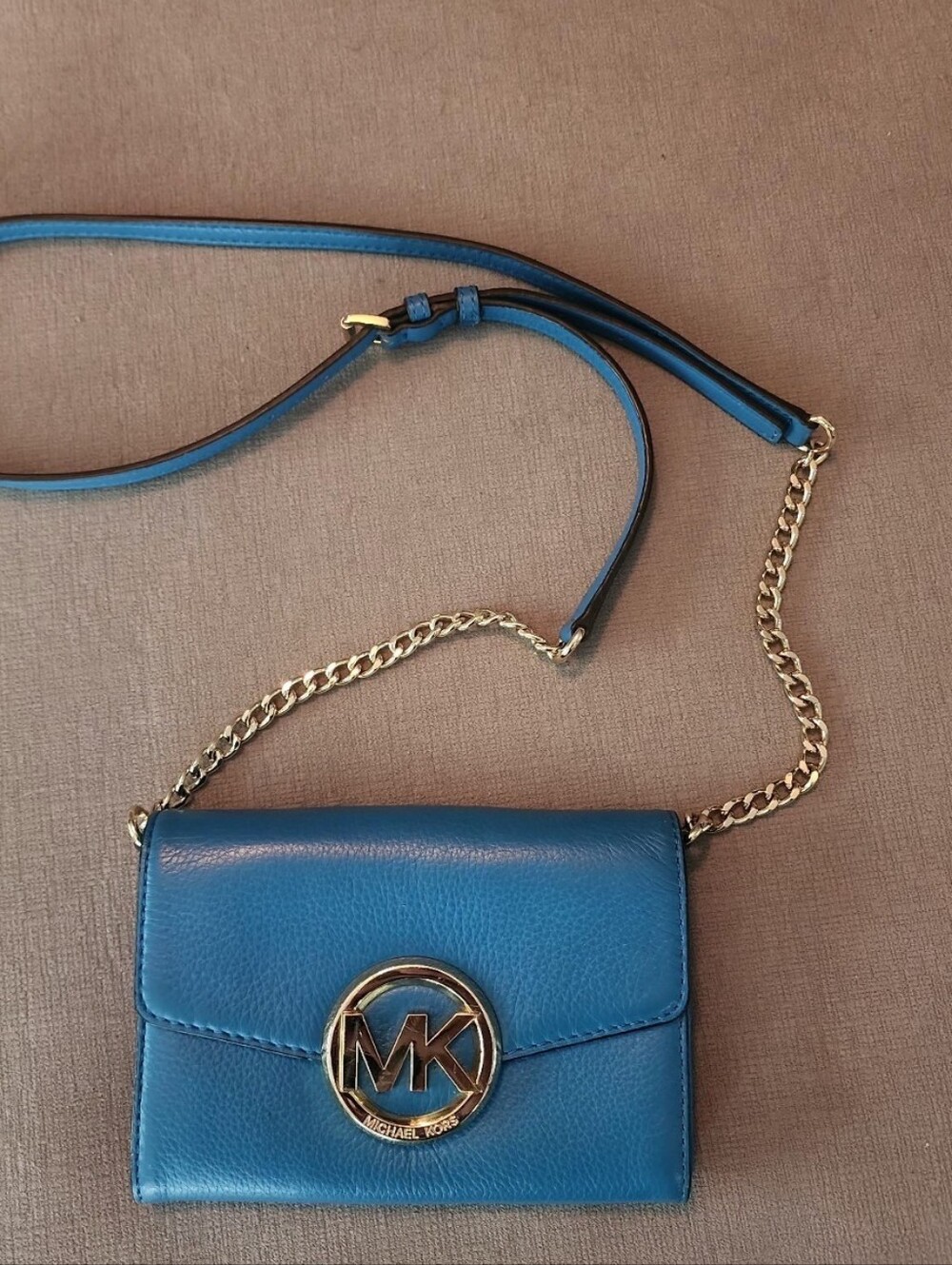 Michael Kors Teal Blue Leather Crossbody with Gold MK Emblem